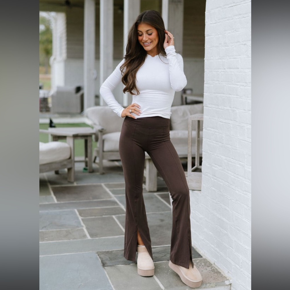 These Three Butter Soft High Waist Flare Leggings w front slits - Espresso